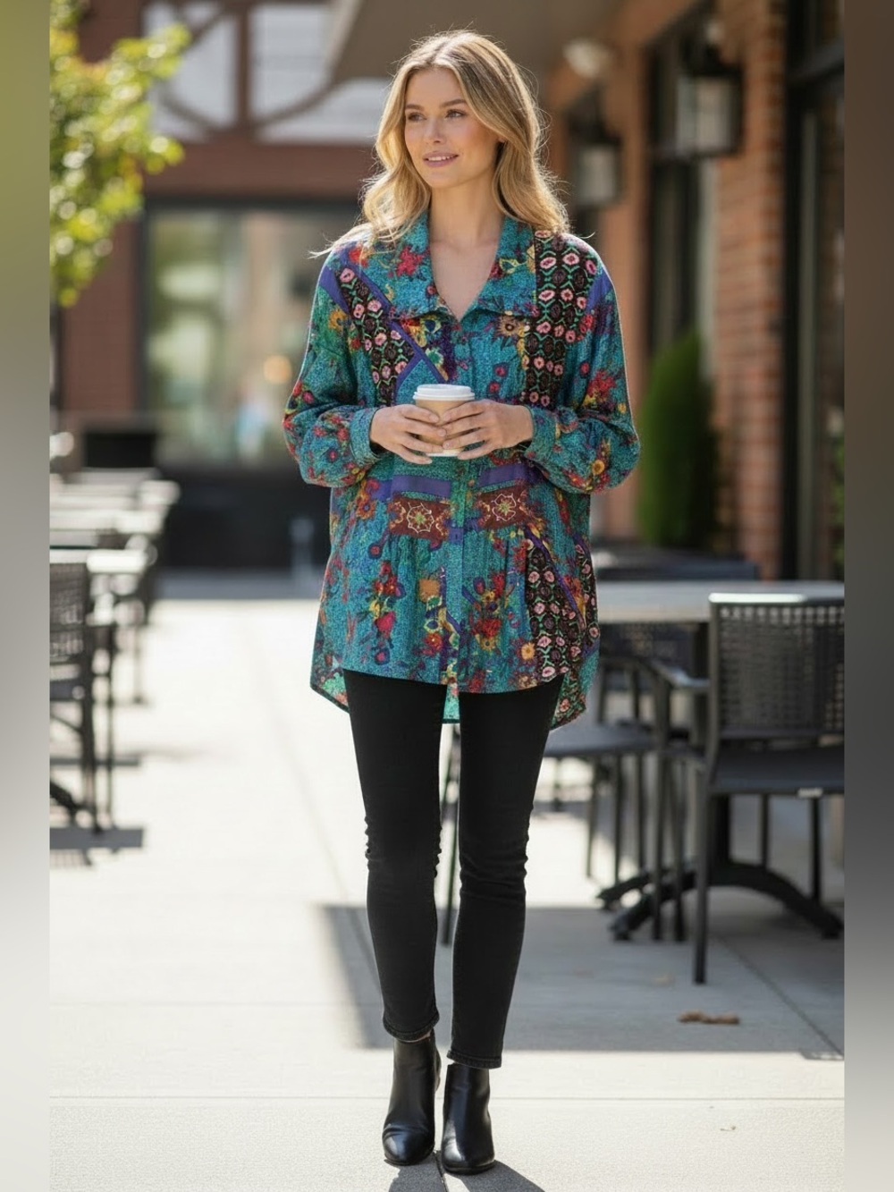 JOHNNY WAS Teal Vibrant Multicolor Printed Blouse, Silk, Small